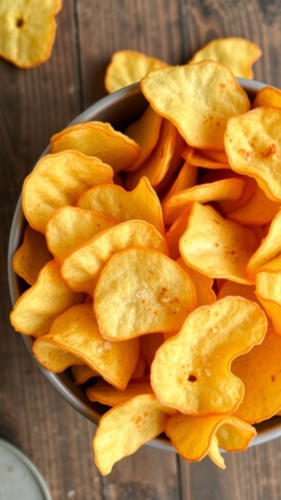 A bowl of homemade crispy potato chips, lightly salted and seasoned, on a rustic wooden table.